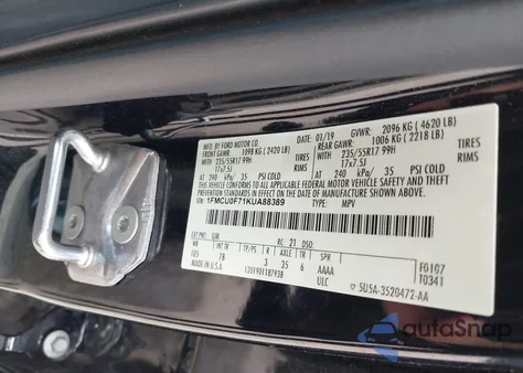 2019 Ford Escape S из США, поврежденный, VIN 1FMCU0F71KUA88389